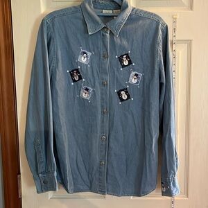VTG-Falls Creek-L-Christmas,embroidered snowman,button up,denim shirt.
